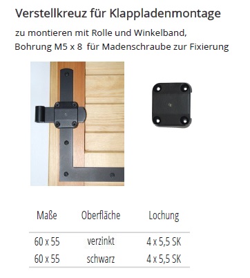 Technische Daten Verstellkreuz f&uuml;r Klappladenmontage