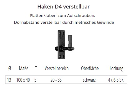 Technische Daten Haken D4, schwarz
