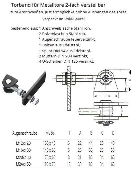 Technische Daten Torband zum Anschwei&szlig;en 2-fach verstellbar