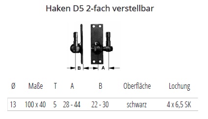 Technische Daten Haken D5, 2-fach verstellbar
