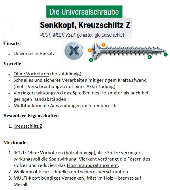 SPAX Universalschraube WIROX 4CUT Teilgewinde Senkkopf Kreuzschlitz Z 