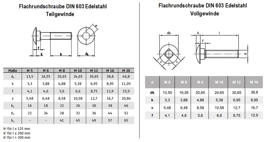 DIN 603 Flachrundschrauben mit Vierkantansatz Edelstahl A2 diverse Abmessungen 