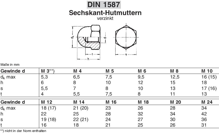 DIN 1587 Hoher Form Hutmuttern Stahl Verzinkt 10, M6 M3 bis M16