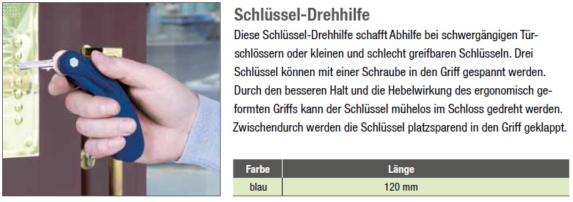 Diese Schl&uuml;ssel-Drehhilfe schafft Abhilfe bei schwerg&auml;ngigen T&uuml;rschl&ouml;ssern oder kleinen und schlecht greifbaren Schl&uuml;sseln. Drei Schl&uuml;ssel k&ouml;nnen mit einer Schraube in den Griff gespannt werden. Durch den besseren Halt und die Hebelwirkung des ergonomisch geformten Griffs kann der Schl&uuml;ssel m&uuml;helos im Schloss gedreht werden. Zwischendurch werden die Schl&uuml;ssel platzsparend in den Griff geklappt.