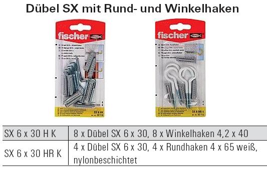 Inhalt und Beschreibung D&uuml;bel SX mit Rund- und Winkelhaken, SB verpackt
