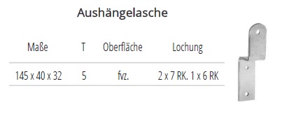Technische Ma&szlig;e Aush&auml;ngelasche