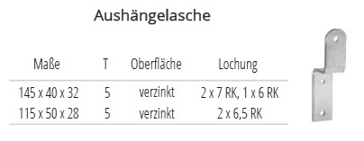 Technische Ma&szlig;e Aush&auml;ngelasche