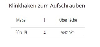 Technische Ma&szlig;e Klinkhaken zum Aufschrauben