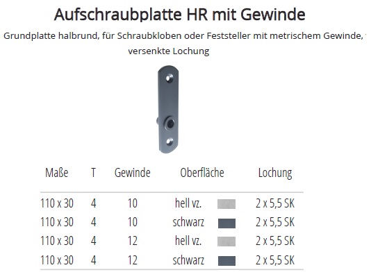 Technishe Daten Aufschraubplatte halbrund mit metrischem Gewinde