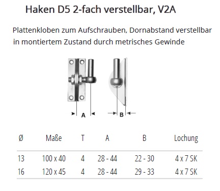 Technische Ma&szlig;e Haken D5 Edelstahl