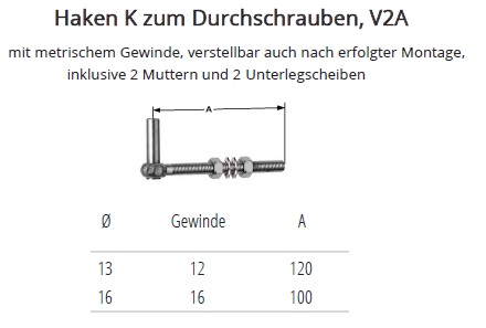 Technische Ma&szlig;e Haken K A2 Edelstahl