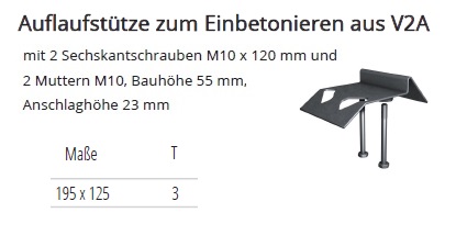 Technische Ma&szlig;e Auflaufst&uuml;tze zum Einbetonieren A2 Edelstahl