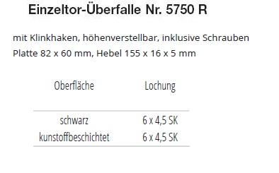 Technische Daten Einzeltor&uuml;berfalle schwarz, randgeh&auml;mmert