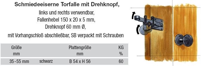 Technische Daten Schmiedeeiserne Torfalle mit Drehknopf