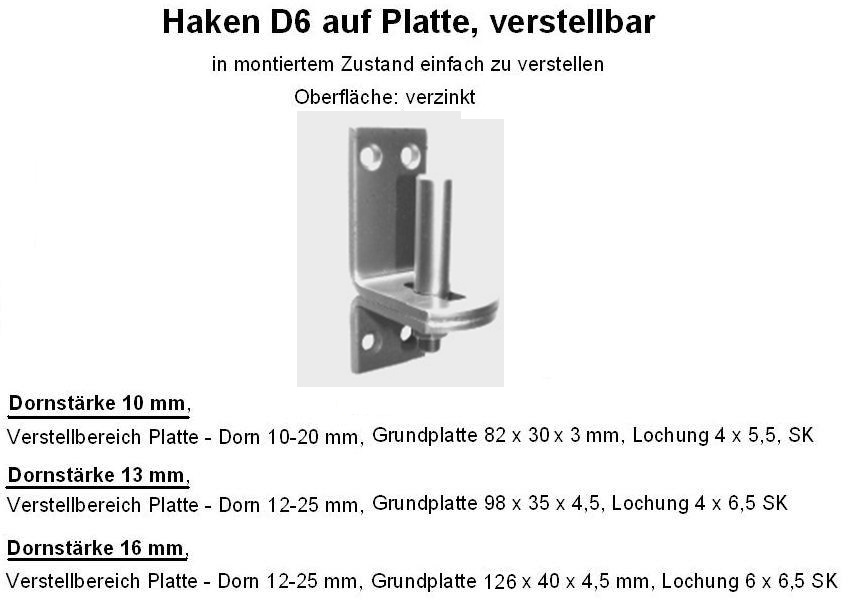 Technische Daten Haken D6 verzinkt, verstellbar