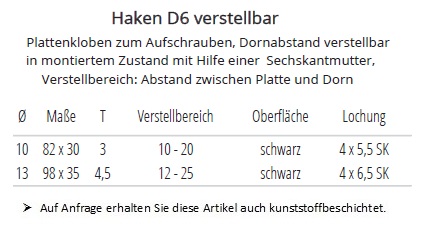 Technische Daten Haken D6, verstellbar