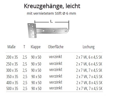 Technische Ma&szlig;e Kreuzgeh&auml;nge Nr. 124, leicht