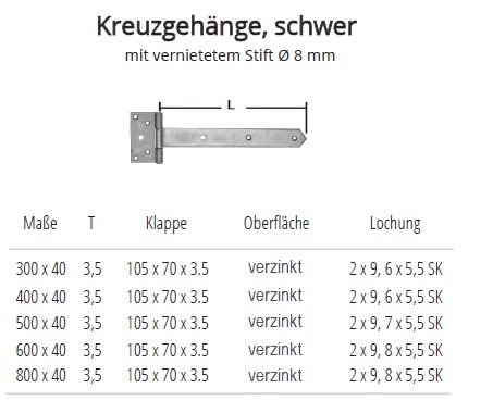 Technische Ma&szlig;e Kreuzgeh&auml;nge Nr. 126, schwer