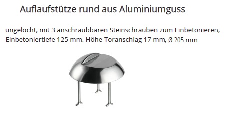 Technische Ma&szlig;e Auflaufst&uuml;tze Alu-Guss