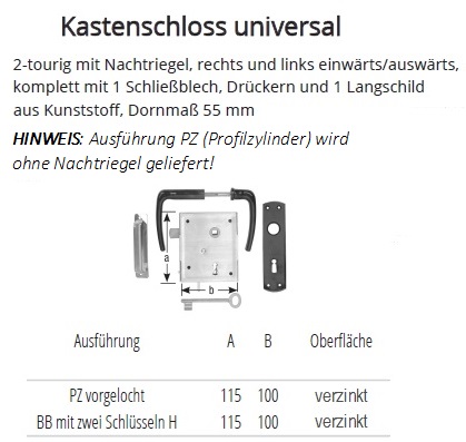 Technische Ma&szlig;e Universal-Kastenschloss