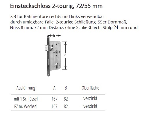 Technische Ma&szlig;e Einsteckschloss