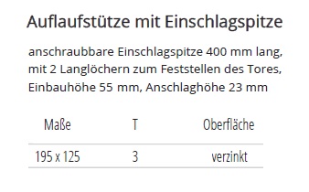 technische Ma&szlig;e Auflaufst&uuml;tze mit Einschlagspitze