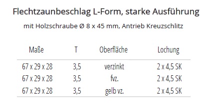 Technische Ma&szlig;e Flechtzaunbeschlag L-Form, starke Ausf&uuml;hrung