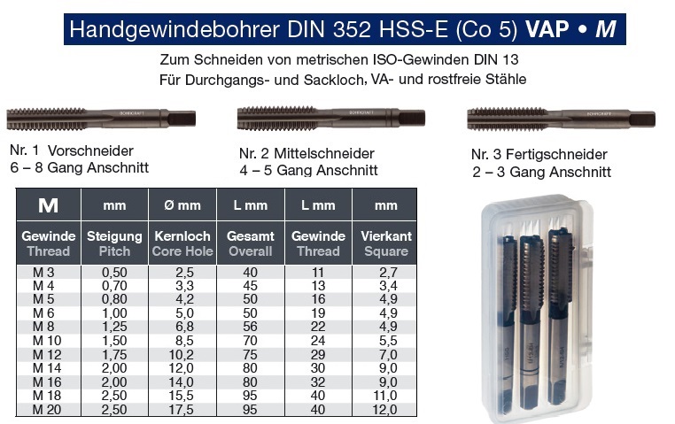 HSS-G M 1.8 Elektro VÖLKEL M 1 Handgewindebohrer einzeln oder Satz DIN 352 
