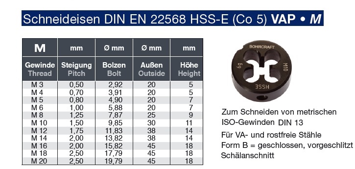 Schneideisen EN22568 VA & NIT Metrisches ISO-Regelgewinde nach DIN 13 HSSE 