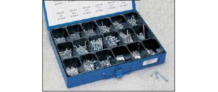 Zylinderschrauben-Sortiment DIN 84 verzinkt mit Muttern und Scheiben in stabiler Metallbox