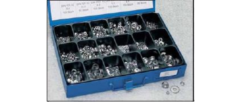 Muttern-Scheiben-Sortiment DIN 934, DIN 985, DIN 125 & DIN 9021 A2 Edelstahl in stabiler Metallbox