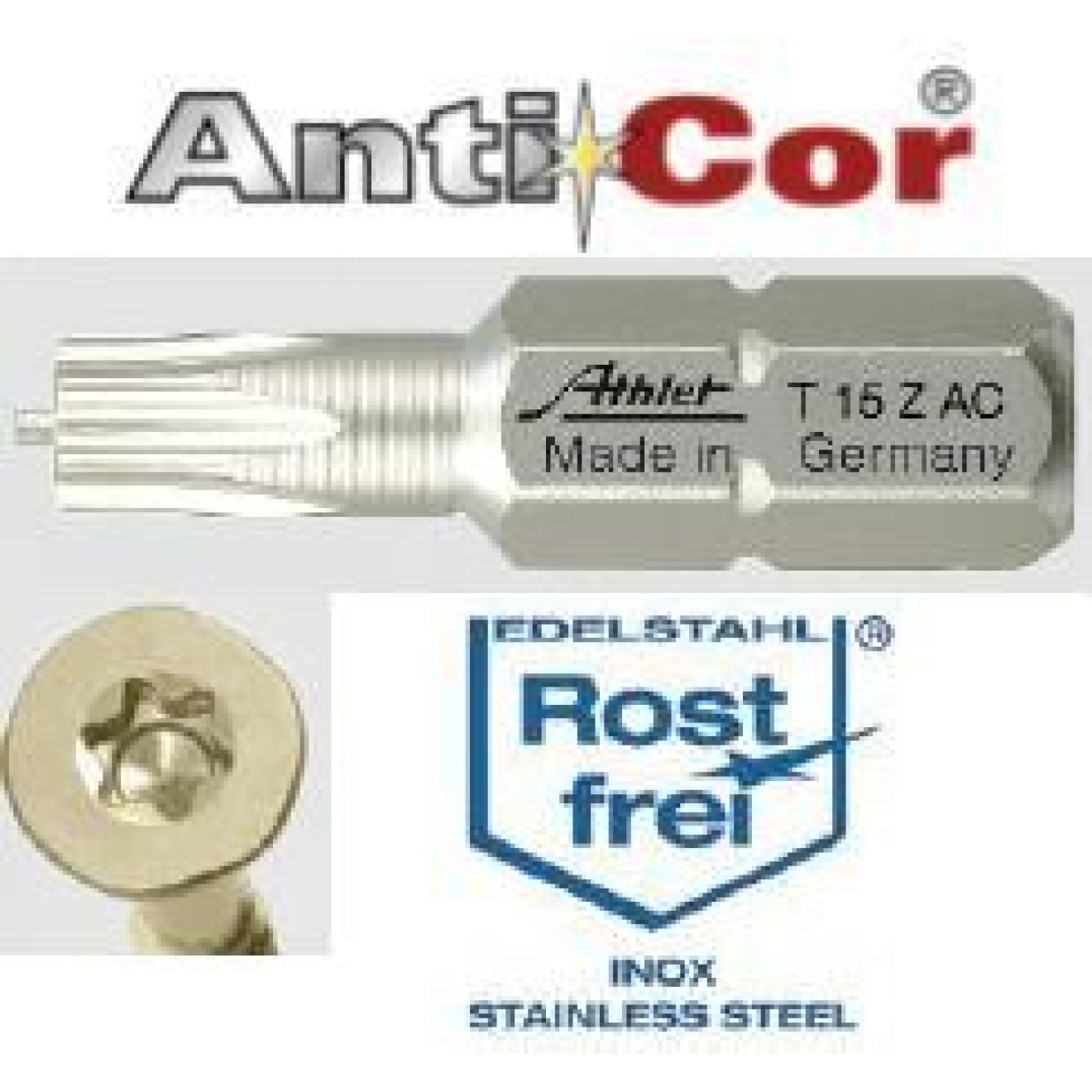 Bit TORX AntiCor (aus rostfreiem Edelstahl),mit Zapfen TX 10x25 1Stück,  Schrauben