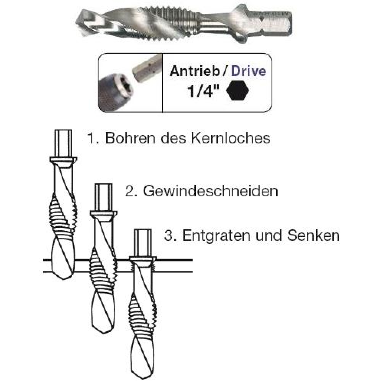 kant Schaft M4 Gewindebohrer Kombi HSS Bit Gewinde 1/4" Bohrer 6 0,64 cm 