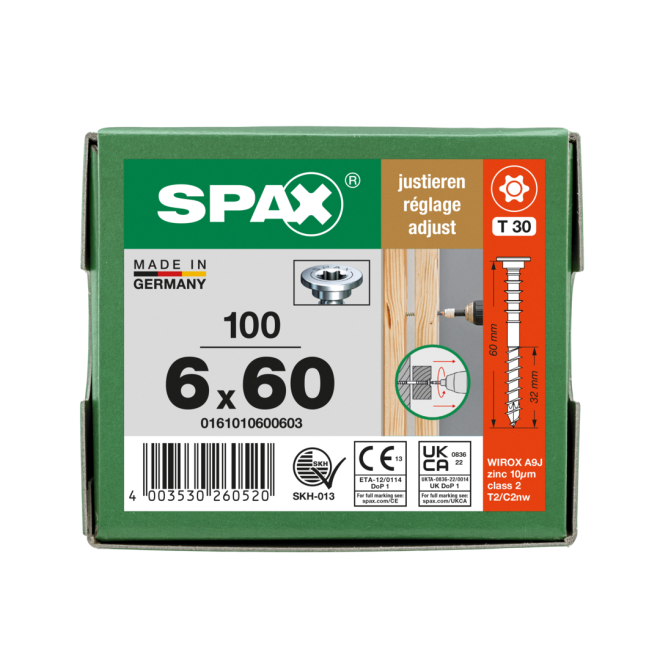 SPAX - Flachkopf Justierschraube mit T-STAR plus; Teilgewinde mit Halterillen; WIROX® - 6,0 x 60 - Kleinpaket - 100 Stück