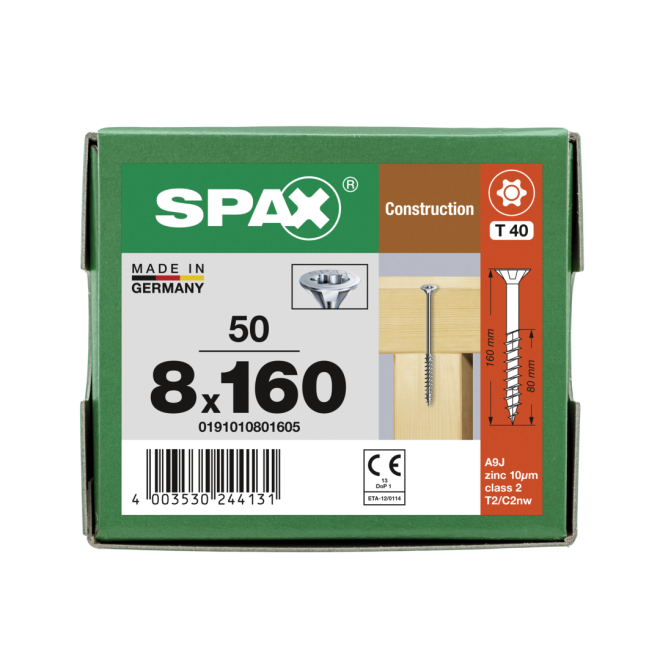 Spax - Senkkopf Torx 40 TG mit MULTI-Kopf 8,0 x 160 WIROX® - 50 Stück 