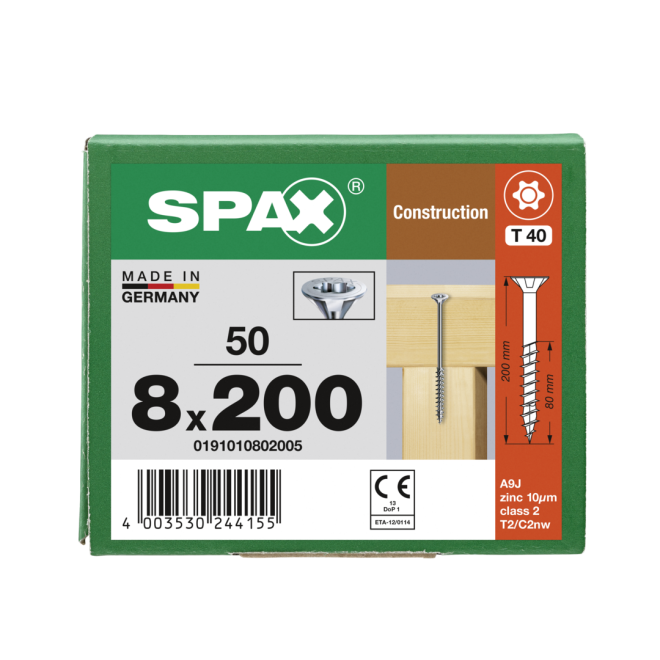 Spax - Senkkopf Torx 40 TG mit MULTI-Kopf 8,0 x 200 WIROX® - 50 Stück 