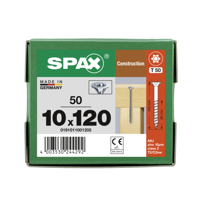 Spax - Senkkopf Torx 50 TG mit MULTI-Kopf 10,0 x 120 gelb verzinkt/oder WIROX (je nach Verfügbarkeit) - 50 Stück 