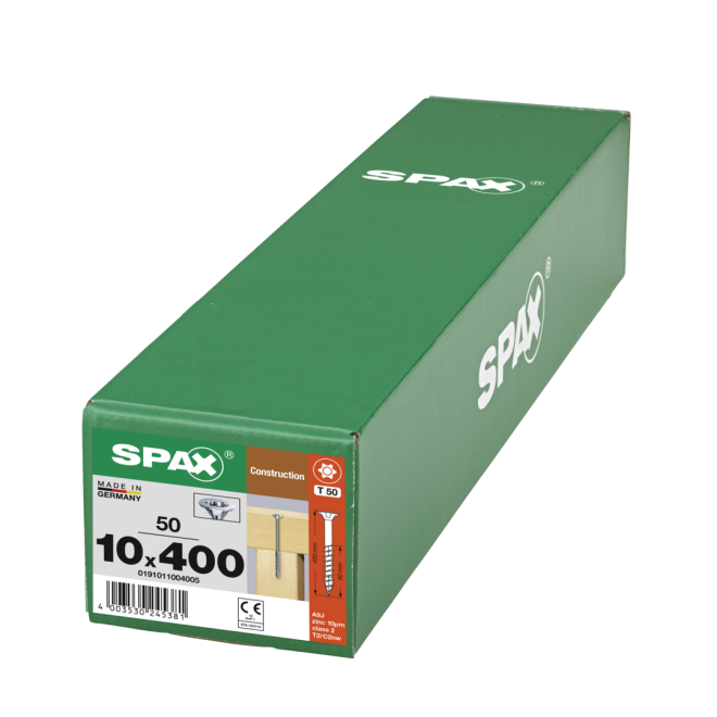 Spax - Senkkopf Torx 50 TG mit MULTI-Kopf 10,0 x 400 WIROX®- 50 Stück 