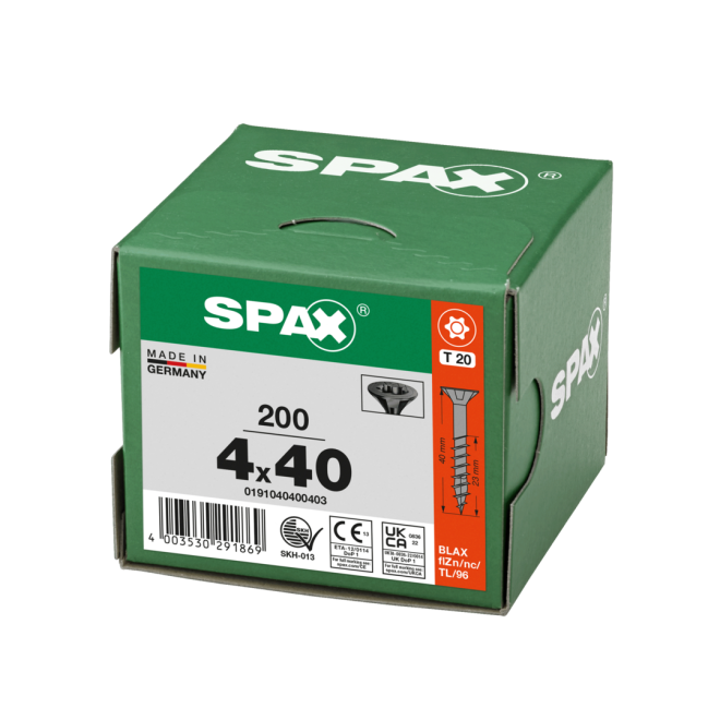 SPAX-T-STAR plus Senkkopf Teilgewinde BLAX® (schwarz verzinkt ); Torx 20; 4,0x40 mm - 200 Stück 