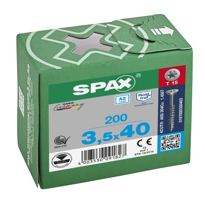 SPAX- T-STAR plus Senkkopf TG Torx 15 mit 4CUT und MULTI-Kopf A2- 3,5x40-200 Stück
