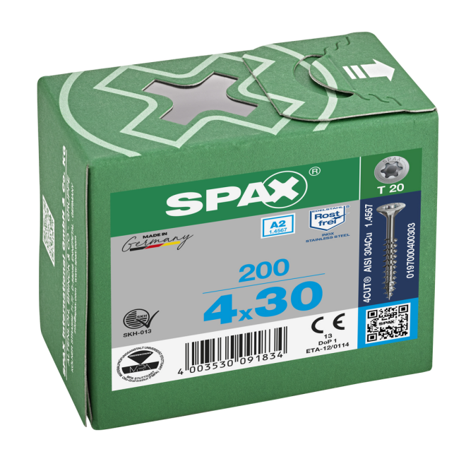 SPAX- T-STAR plus Senkkopf TG Torx 20 mit 4CUT und MULTI-Kopf A2- 4,0x30-1.000 Stück