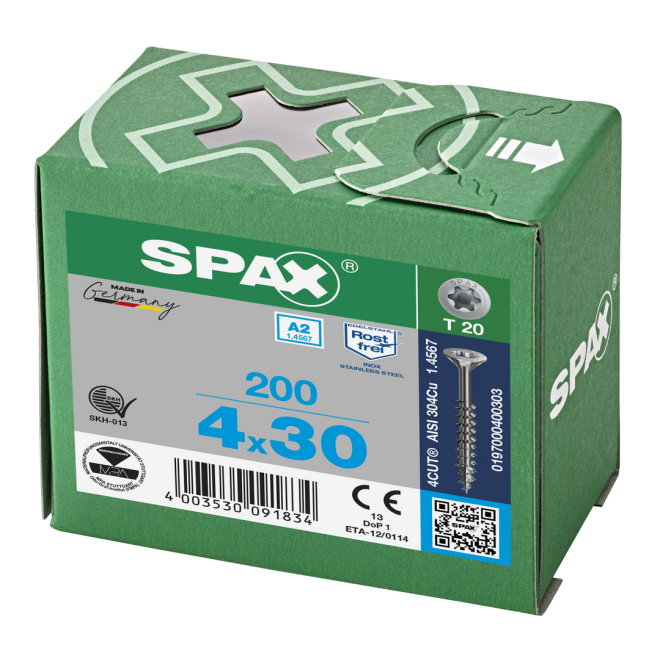 SPAX- T-STAR plus Senkkopf TG Torx 20 mit 4CUT und MULTI-Kopf A2- 4,0x30-1.000 Stück