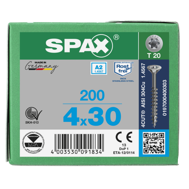 SPAX- T-STAR plus Senkkopf TG Torx 20 mit 4CUT und MULTI-Kopf A2- 4,0x30-1.000 Stück