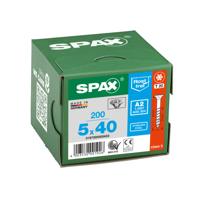 SPAX- T-STAR plus Senkkopf TG Torx 20 mit 4CUT und MULTI-Kopf A2- 5,0x40-1.000 Stück
