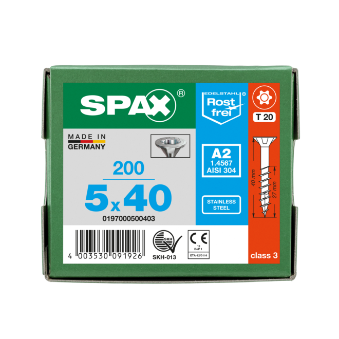 SPAX- T-STAR plus Senkkopf TG Torx 20 mit 4CUT und MULTI-Kopf A2- 5,0x40-1.000 Stück