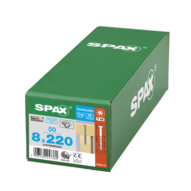 SPAX- T-STAR plus Senkkopf TG Torx 40 mit 4CUT und MULTI-Kopf A2- 8,0x220-250 Stück