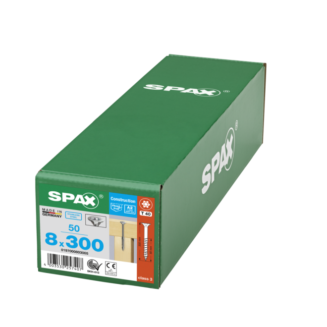 SPAX- T-STAR plus Senkkopf TG Torx 40 mit 4CUT und MULTI-Kopf A2- 8,0x300-50 Stück