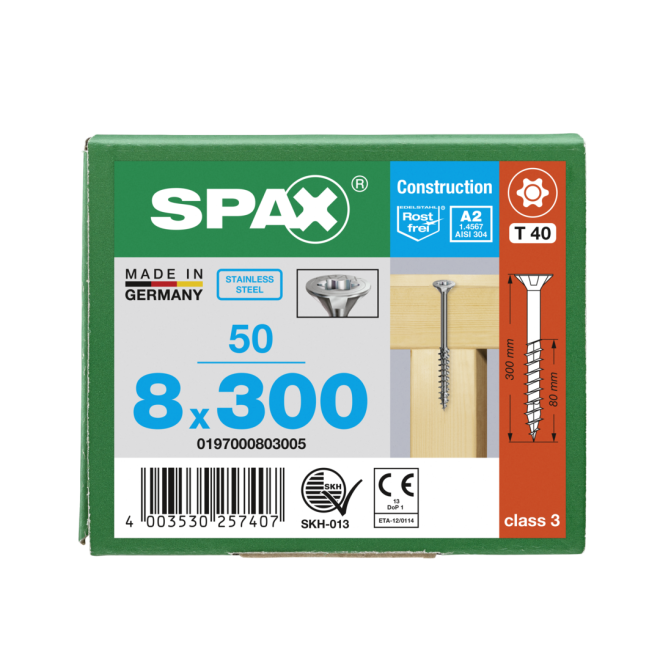 SPAX- T-STAR plus Senkkopf TG Torx 40 mit 4CUT und MULTI-Kopf A2- 8,0x300-50 Stück