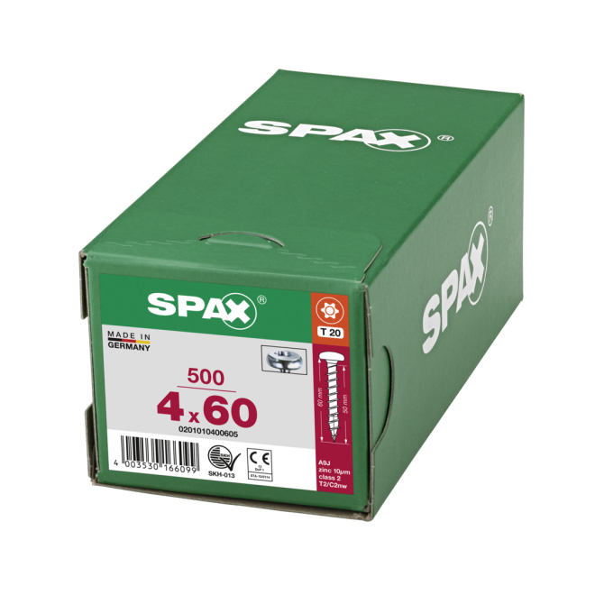 SPAX - Halbrundkopf (Pan Head St) mit I-Stern WIROX® Torx 20; 4,0x60,0 mm Vollgewinde (Abweichende Ausführung. Gewinde geht nicht bis zum Kopf) - 2.500 Stück