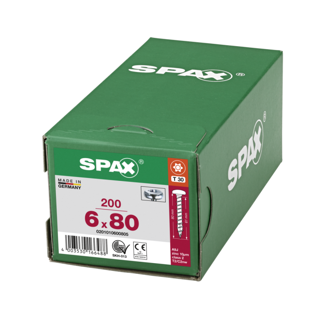  SPAX - Halbrundkopf (Pan Head St) mit I-Stern WIROX® Torx 30; 6,0x80,0 mm Vollgewinde (Abweichende Ausführung. Gewinde geht nicht bis zum Kopf) - 1.000 Stück